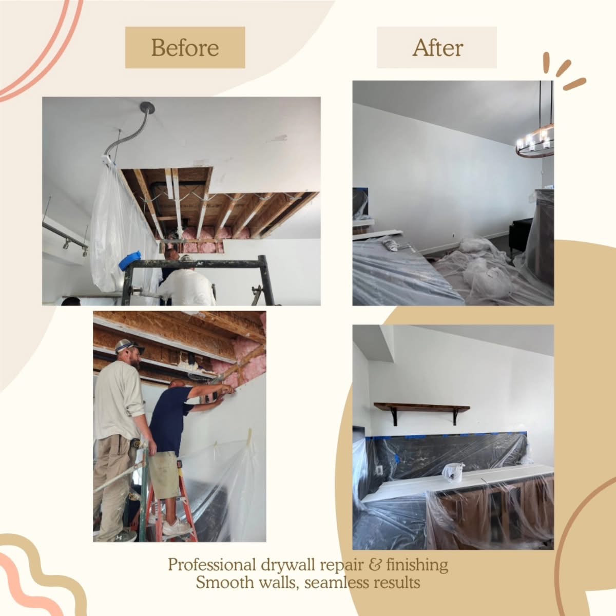 Before and after drywall repair and finishing